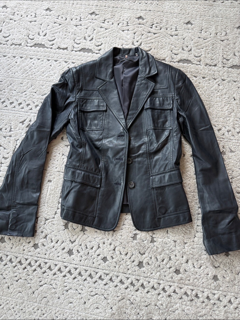 Elie Tahari Black Leather Blazer with Flap Pockets